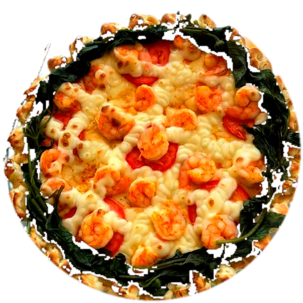 Pizza Mazurka com camarão fresco, catupiry e tomate, vista de cima