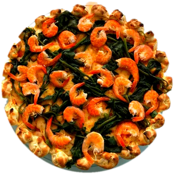 Pizza Paraense com camarão seco e jambu, vista de cima